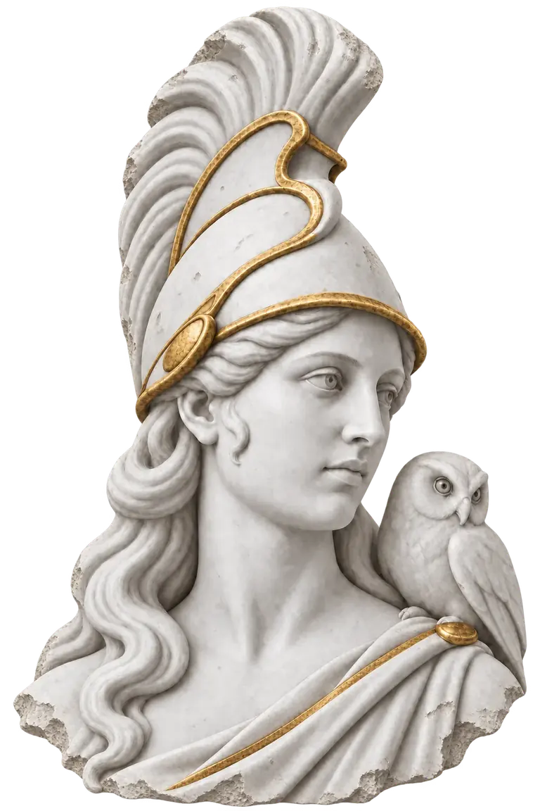 Weathered marble Athena, with subtle gold trim and an owl on her shoulder.